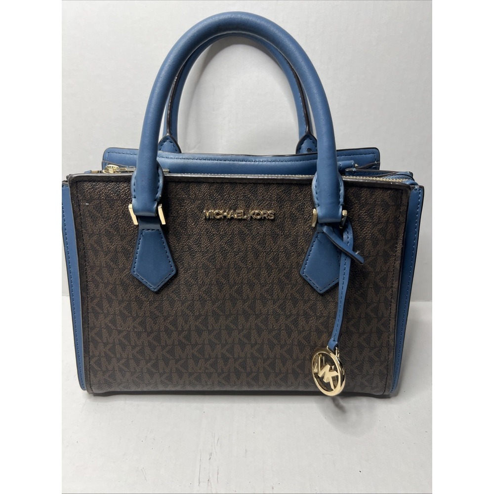 Michael Kors Brown Signature Satchel with Blue Trim